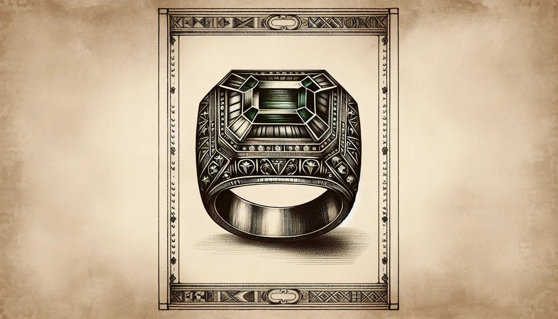 Antiker Ring mit smaragdgeschliffenen Diamanten gravuren im Boston Celtics Stil als Skizze auf altem Pergament