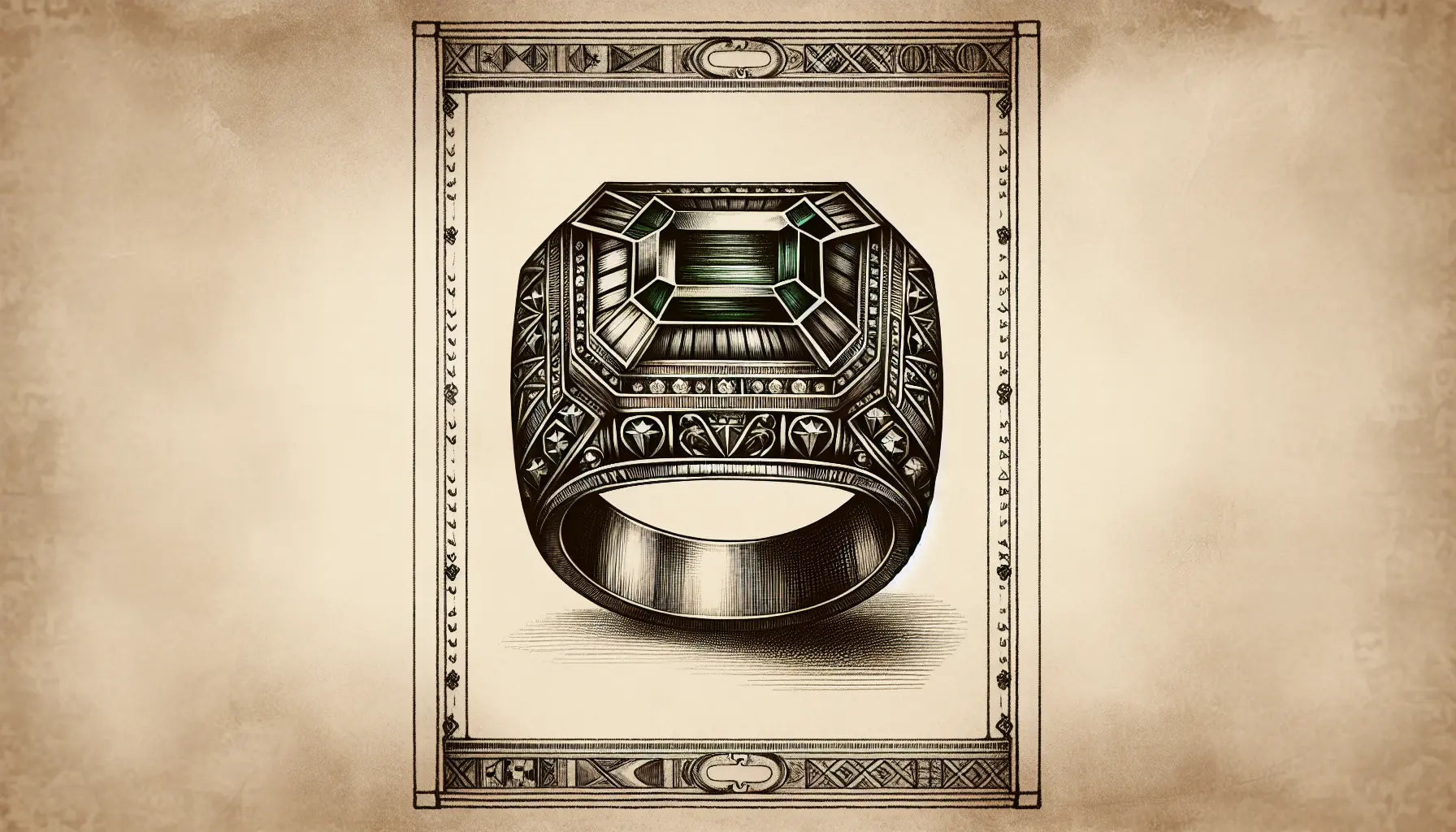 Antiker Ring mit smaragdgeschliffenen Diamanten gravuren im Boston Celtics Stil als Skizze auf altem Pergament