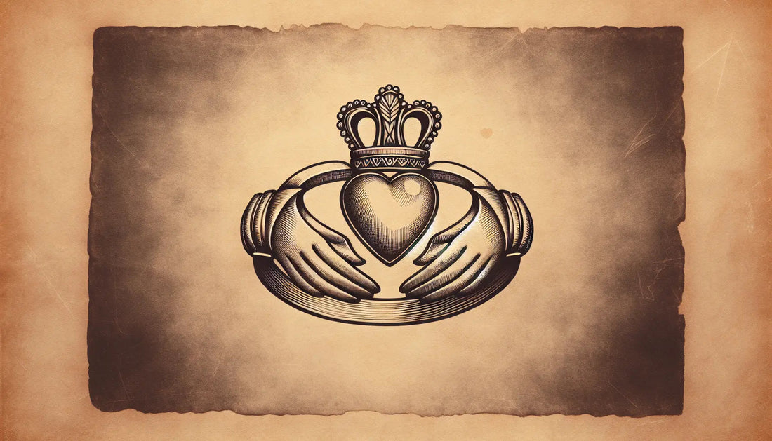 Claddagh-Ring als zeichnerische Skizze auf pergamentartigem Papier mit feinen Goldakzenten