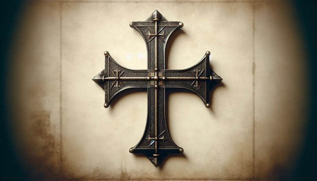 Historisches Kreuz mit Kreuzritter-Emblem auf hellem Hintergrund in gealtertem Malstil