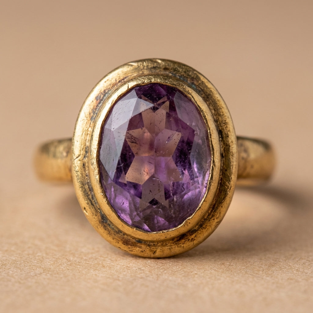 Close up of an ancient amethyst ring in aged gold showing zoning and bezel detail on a minimalist warm beige background ede7da styled for Aurora Antiqua
