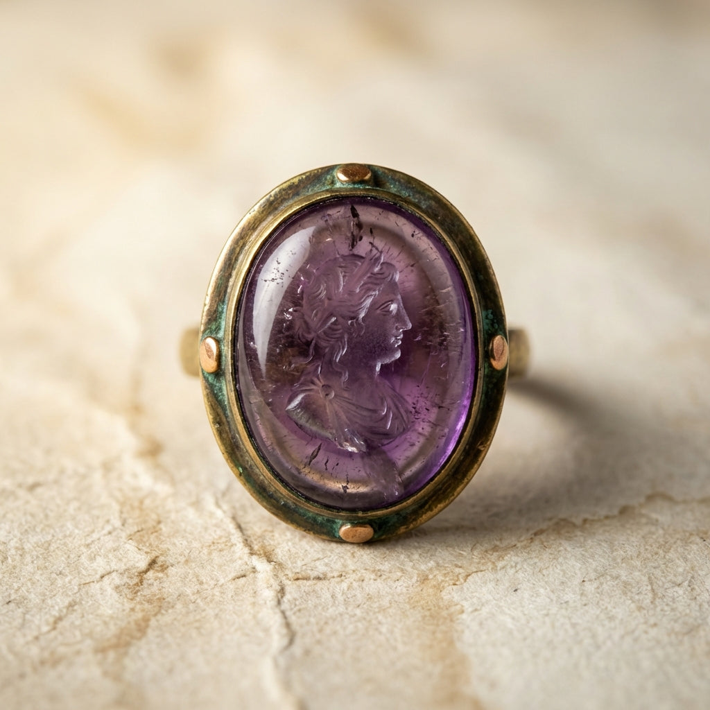Close up of an ancient amethyst ring intaglio on archival paper showing engraved motif patina and warm directional light minimalist Aurora Antiqua styling