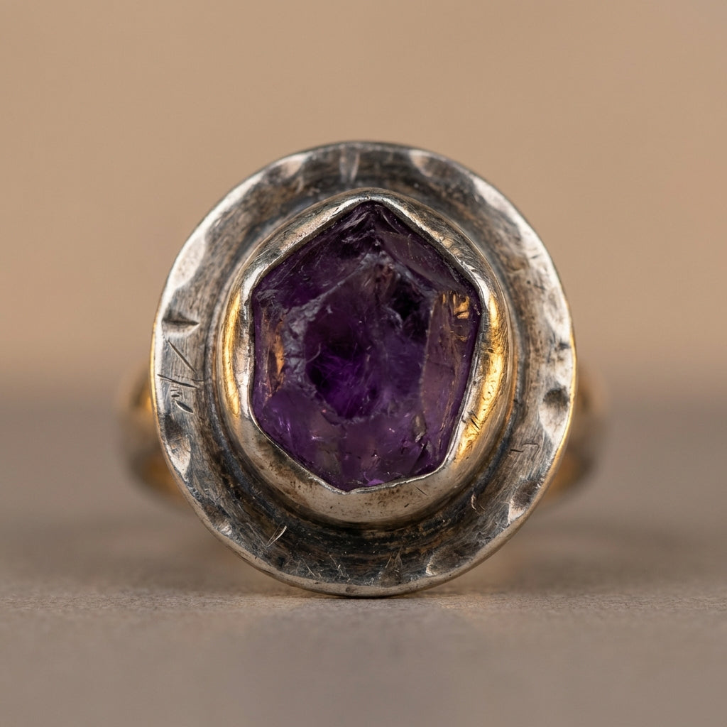 Close up high contrast studio photo of an ancient amethyst ring in a worn silver bezel with visible patina and tool marks on warm beige background