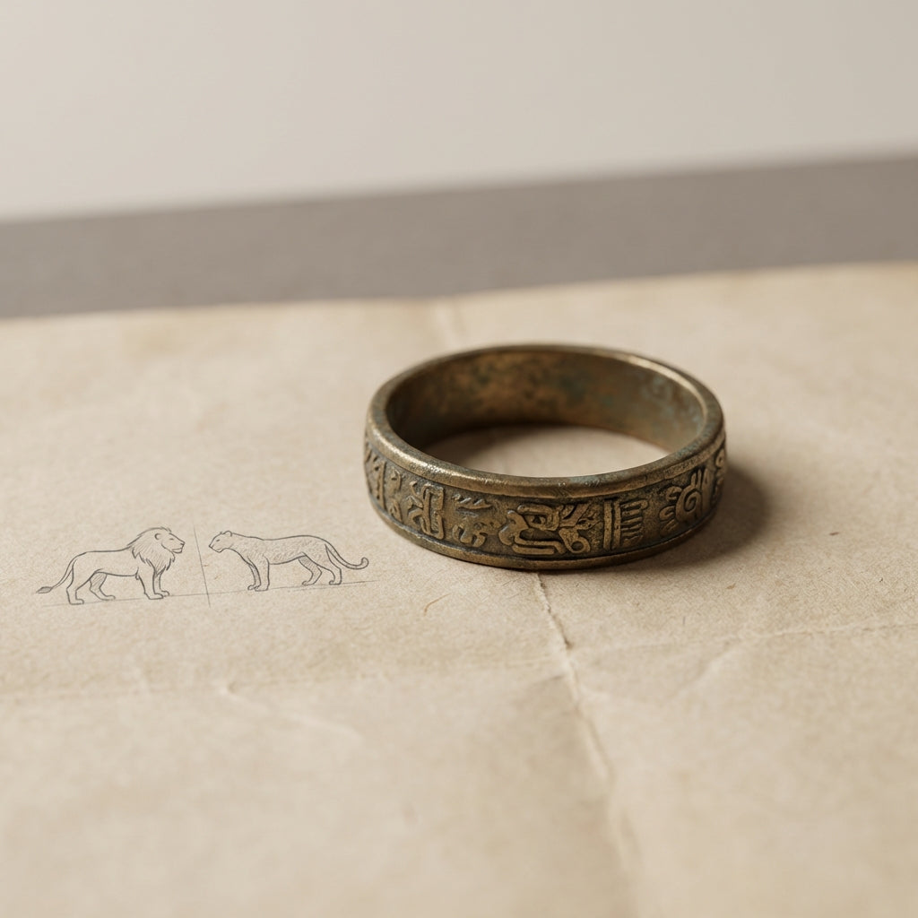 Close up of an ancient aztec ring on archival paper beside a pencil sketch comparing a stylised lion and a jaguar silhouette in neutral tones background ede7da