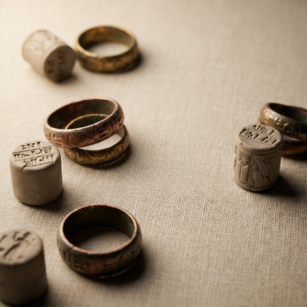 Close cropped full frame photograph of ancient babylonian wedding rings and clay seal impressions on neutral linen showing patina carved intaglios and soft museum lighting