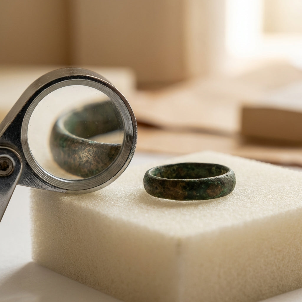 Softly lit studio photo of a late antique ancient bronze ring on archival foam with a conservator loupe and a high resolution macro image in the background