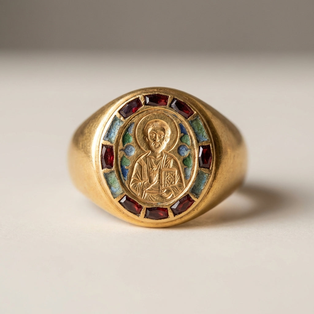 Close macro photograph of an ancient byzantine ring showing a gold bezel engraved saint and cloisonne garnet inlay on a neutral background #ede7da