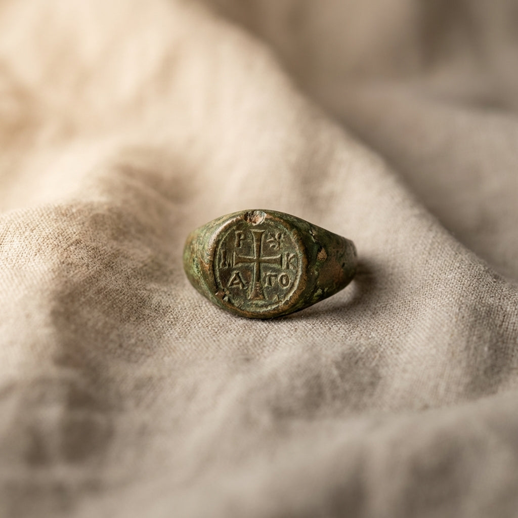 Close cropped studio photo of an ancient byzantine ring on natural linen with soft directional light highlighting bezel detail and surface patina in Aurora Antiqua palette