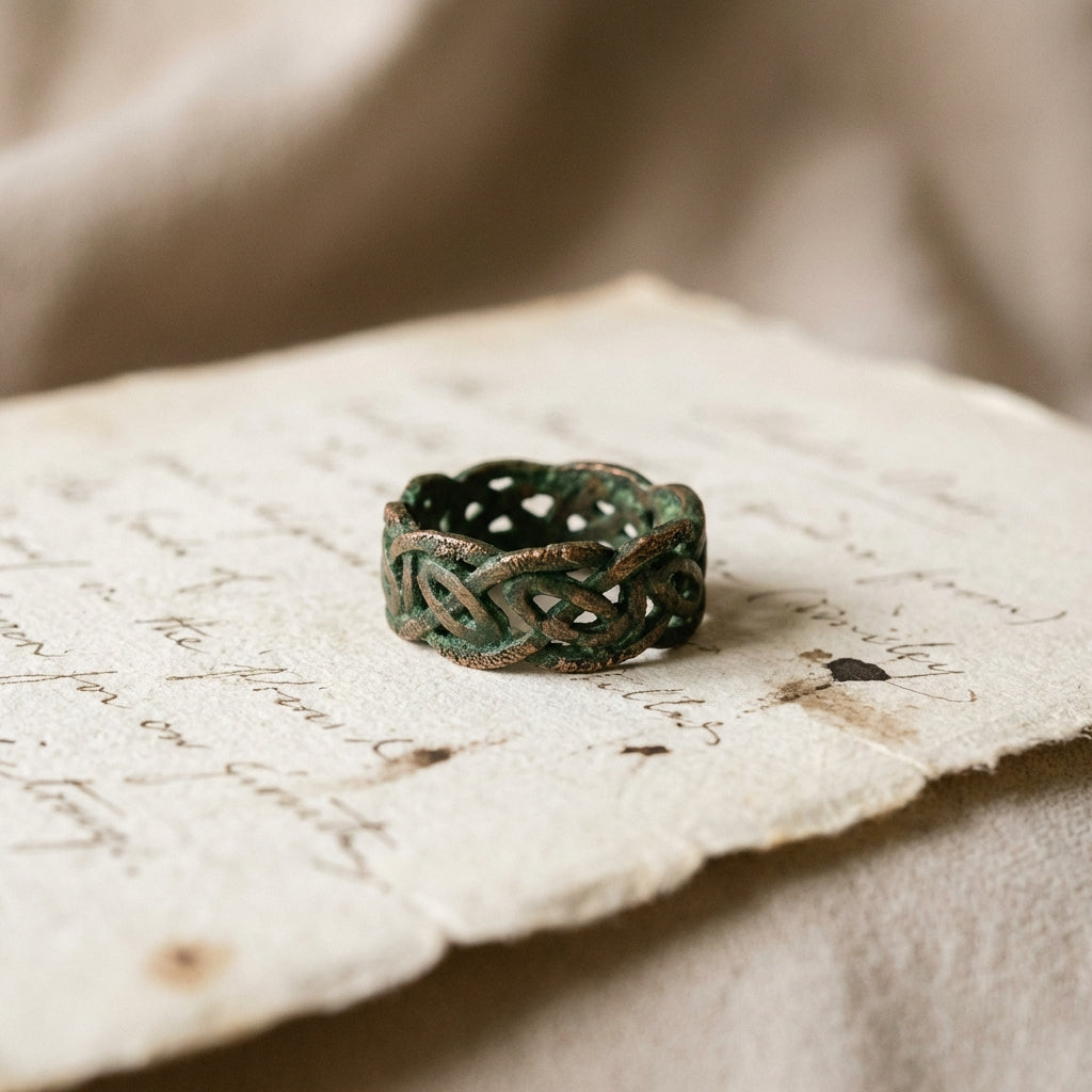 Close moody photograph of an ancient celtic ring bronze knotwork on archival paper with handwritten catalog notes and soft neutral fabric background emphasizing patina and texture