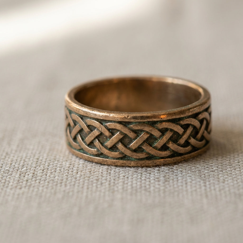 Close crop of ancient celtic ring bronze with interlace pattern and green patina on neutral linen background in soft natural light