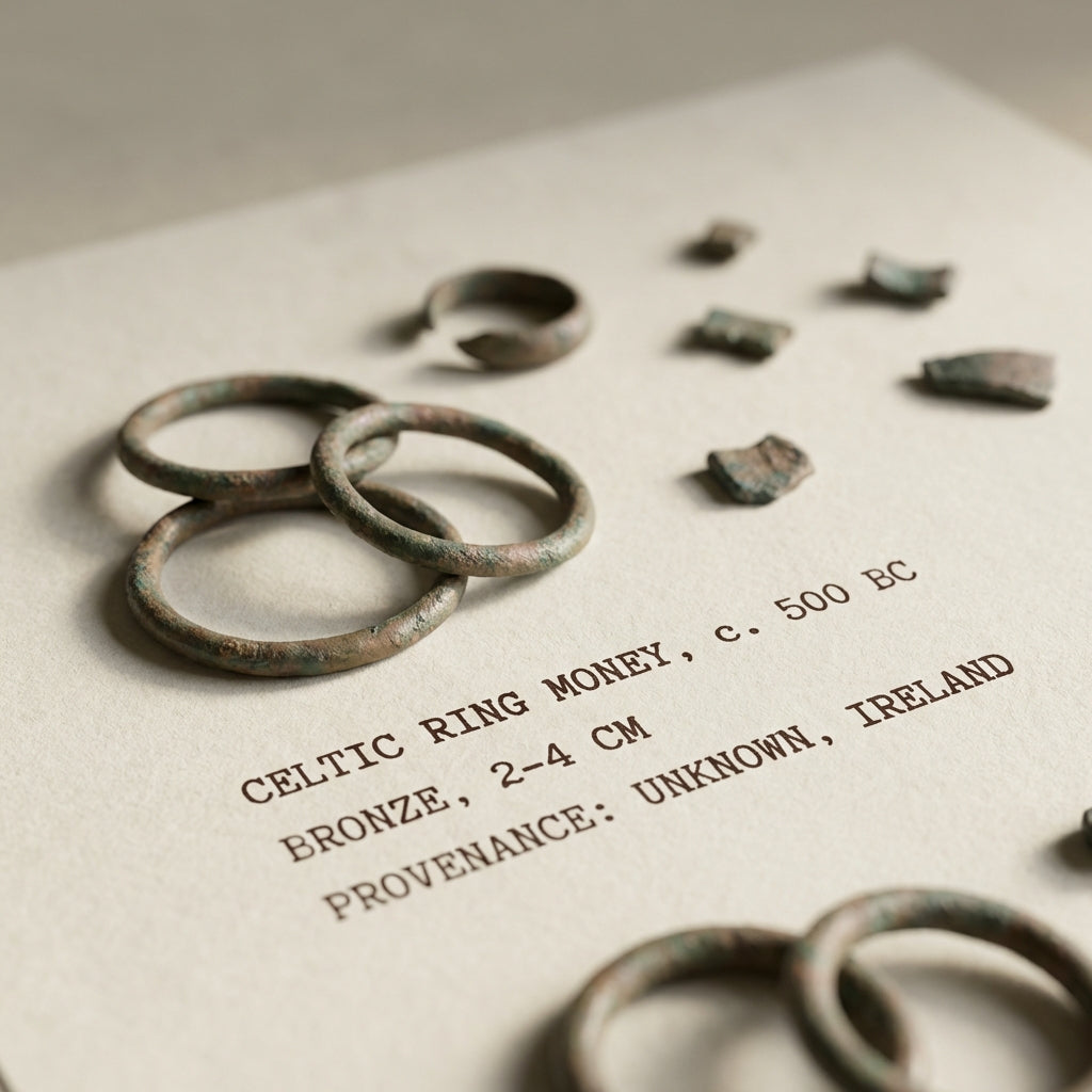 Close atmospheric photograph of ancient celtic ring money hoops and fragments on archival paper with typed catalogue notes and soft natural light filling the frame