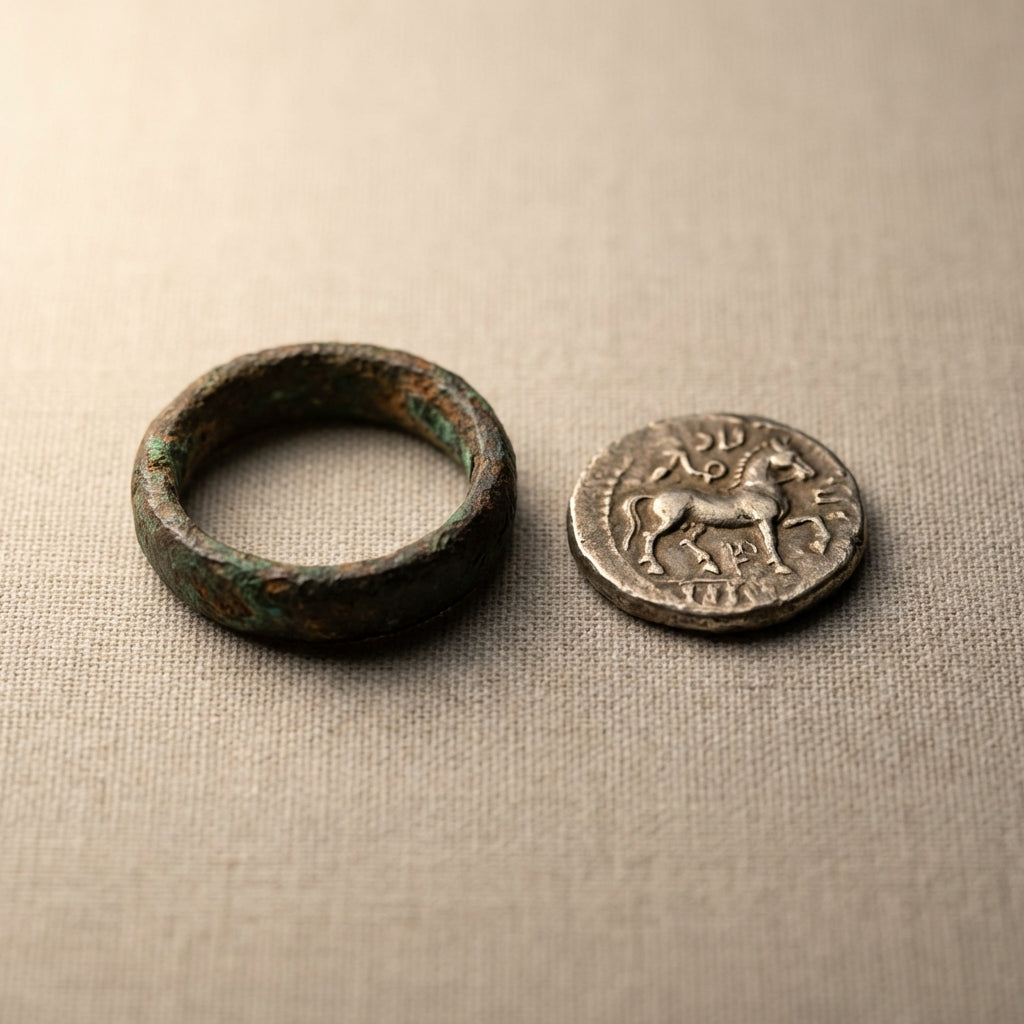 Close up macro of corroded iron age ring and hammered coin on neutral linen fabric in Aurora Antiqua palette showing patina texture and surface detail ancient celtic ring money