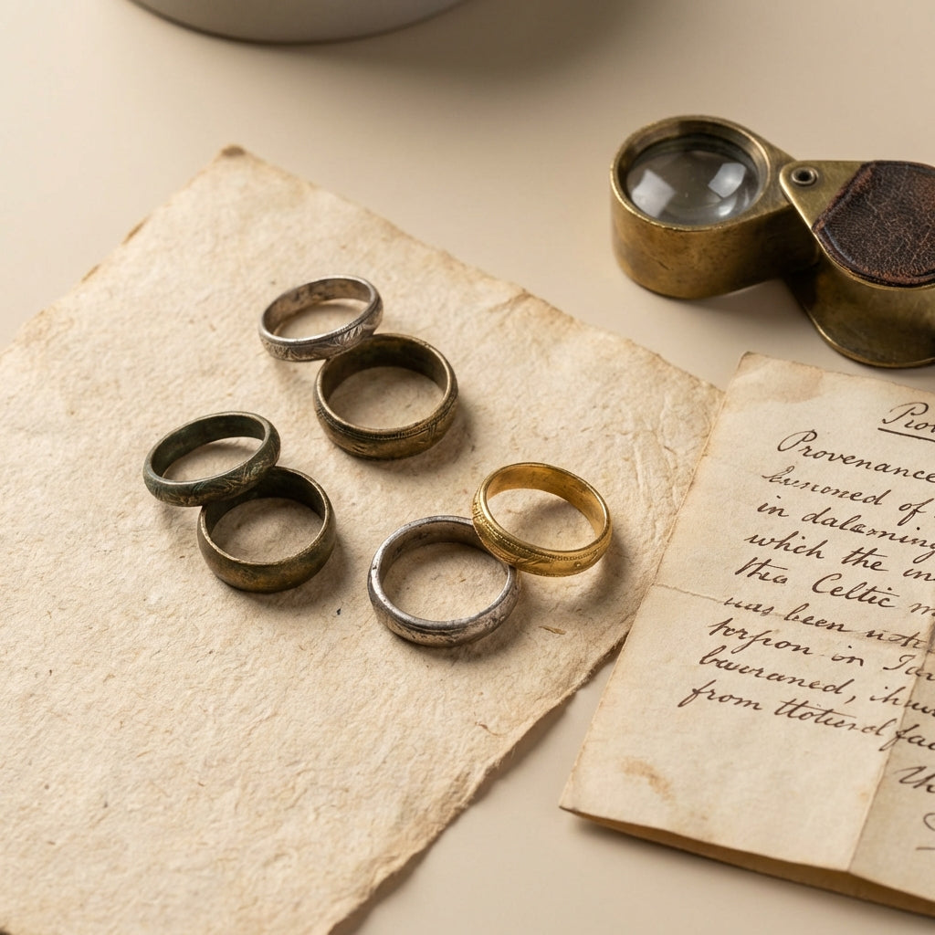 Close overhead photograph of ancient celtic ring money on aged paper with a brass magnifying loupe and folded provenance document in warm neutral Aurora Antiqua palette