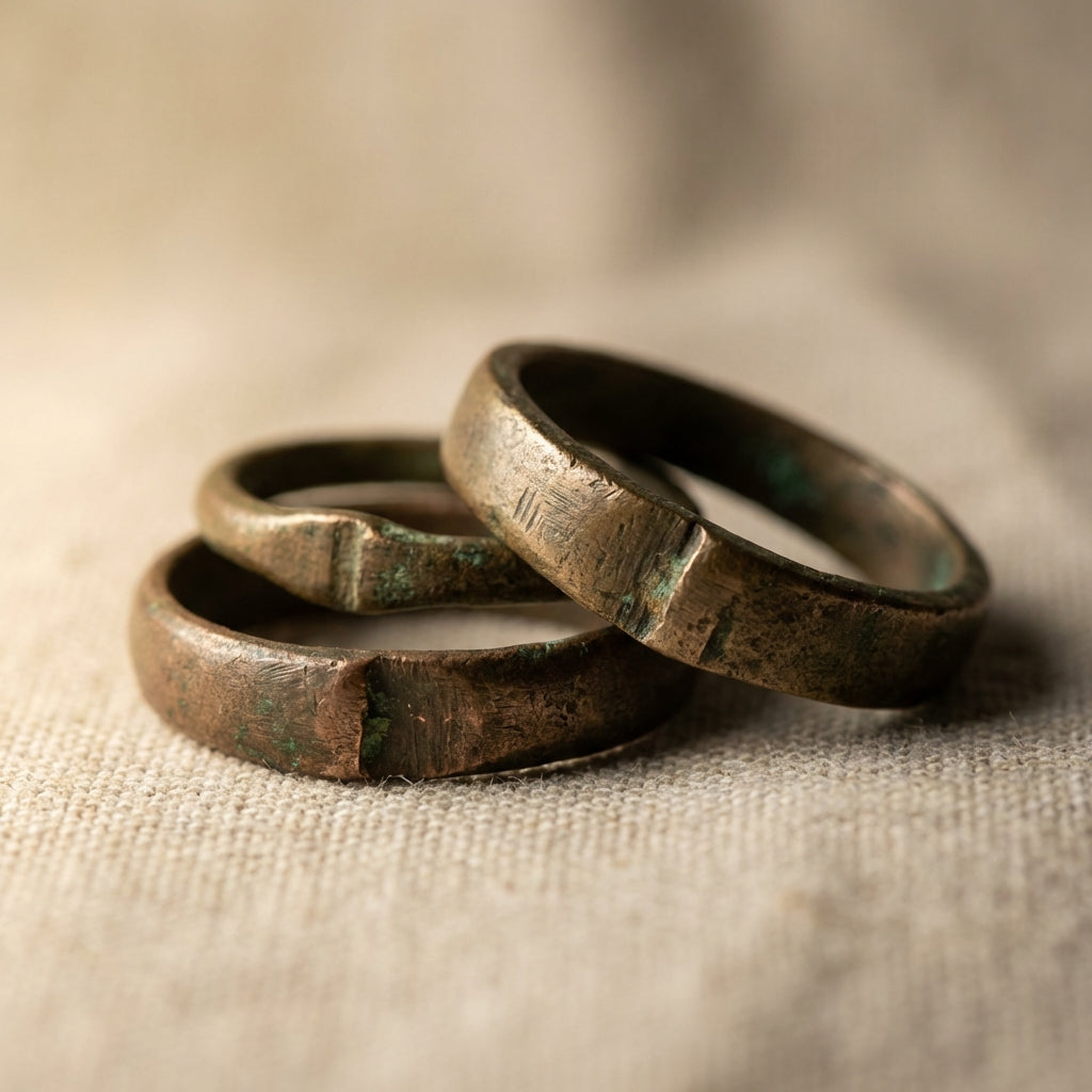 Close full frame image of ancient celtic ring money profiles on neutral linen showing patina and tool marks soft directional light Aurora Antiqua palette