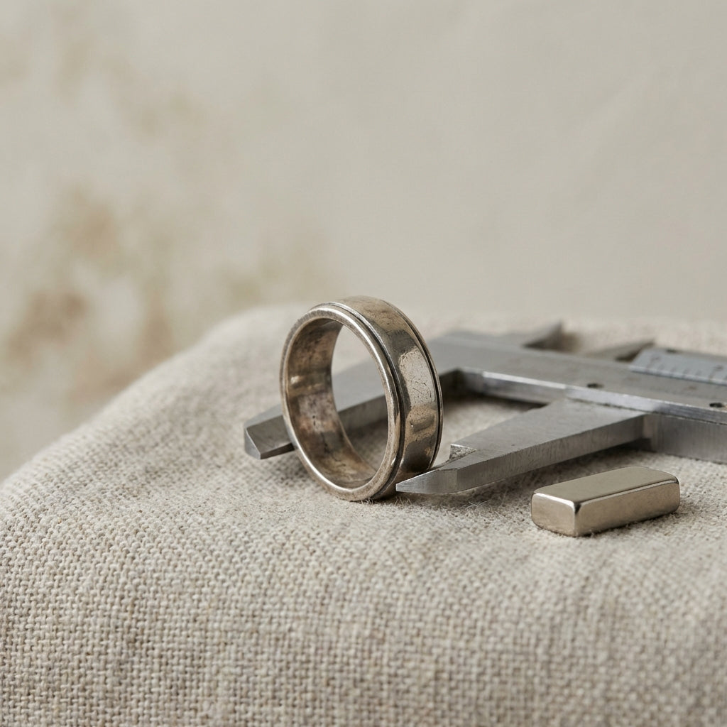 Close shot of an ancient chinese ring on neutral cloth with measuring calipers and a neodymium magnet showing careful inspection