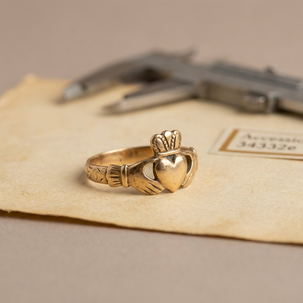 Studio lit close photograph of an ancient christian ring Claddagh resting on aged parchment with conservator calipers and a softly blurred accession label minimalist Aurora Antiqua palette