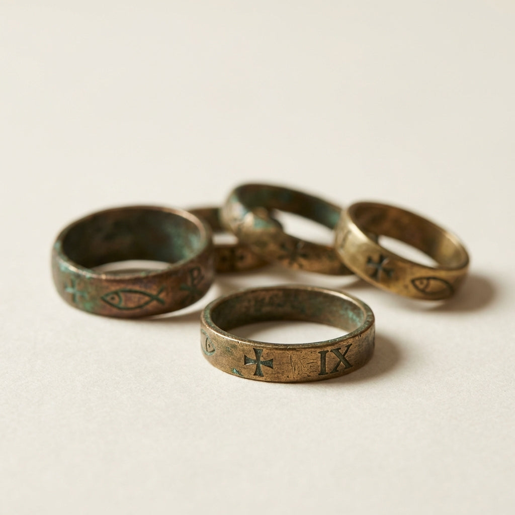 Close up of several ancient christian ring with patina and engraved motifs on archival cream paper in a minimalist Aurora Antiqua palette