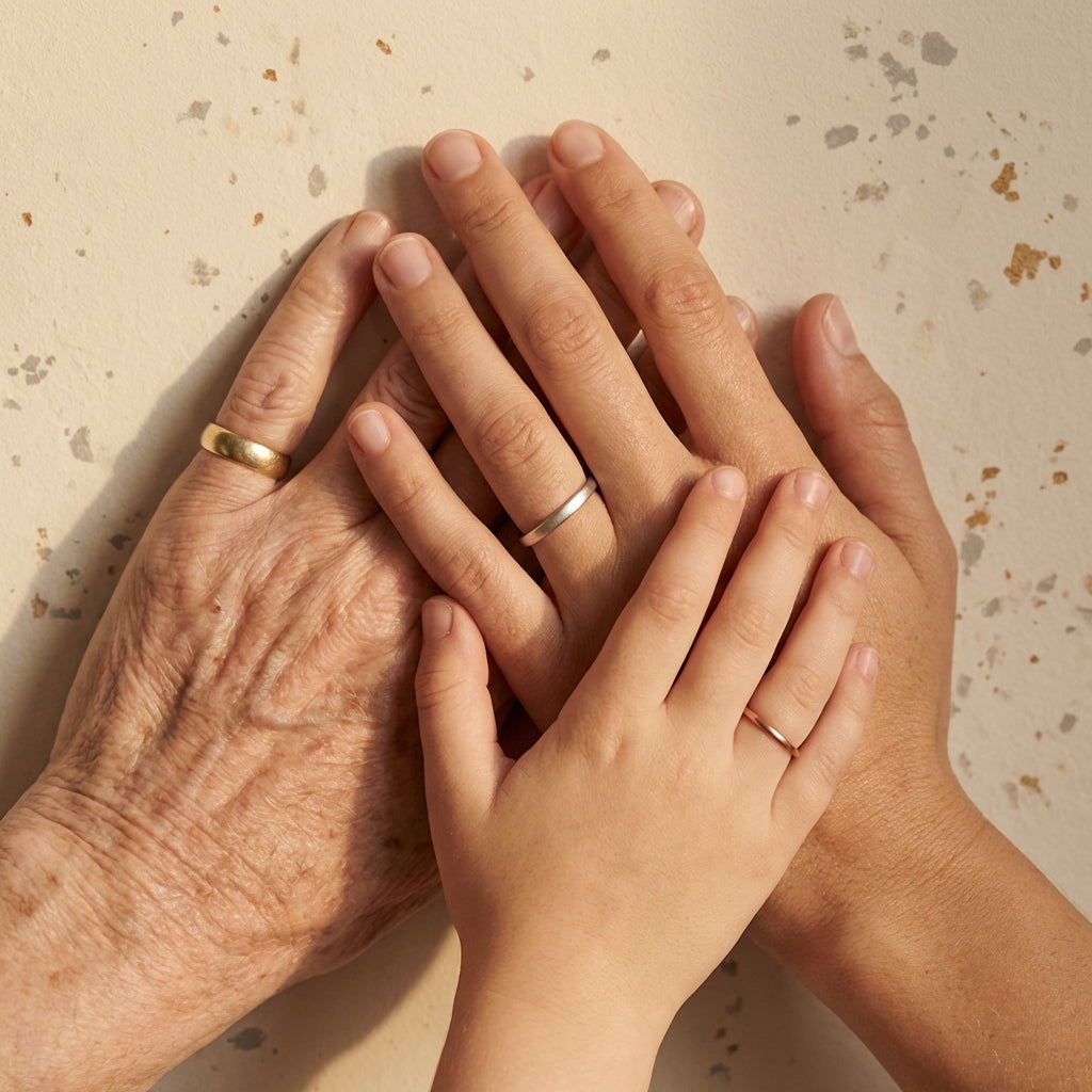 Close cropped photograph of three hands showing simple bands on different fingers on a warm neutral Aurora Antiqua background evoking an ancient christian ring aesthetic with subtle historical wear