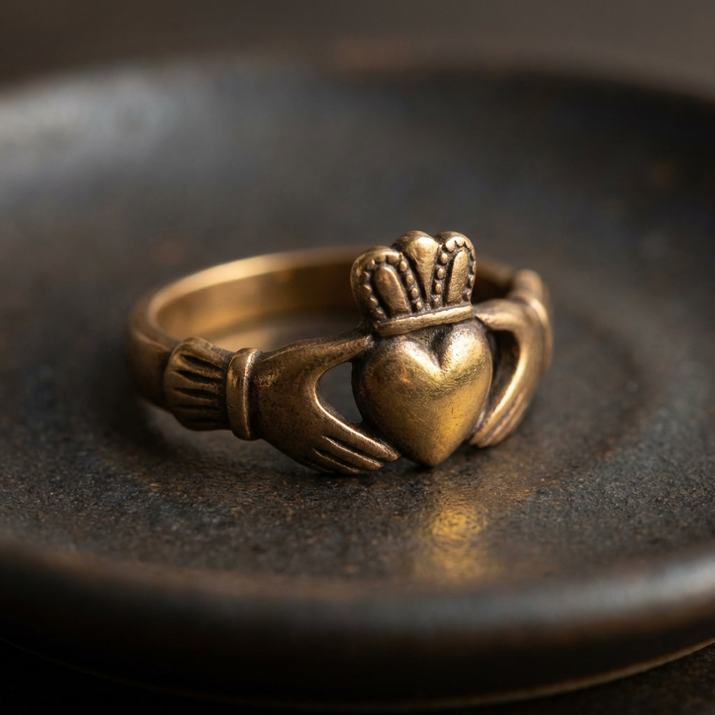 Close cropped studio photograph of an ancient claddagh ring in bronze showing hands heart and crown with soft side lighting on warm Aurora Antiqua background