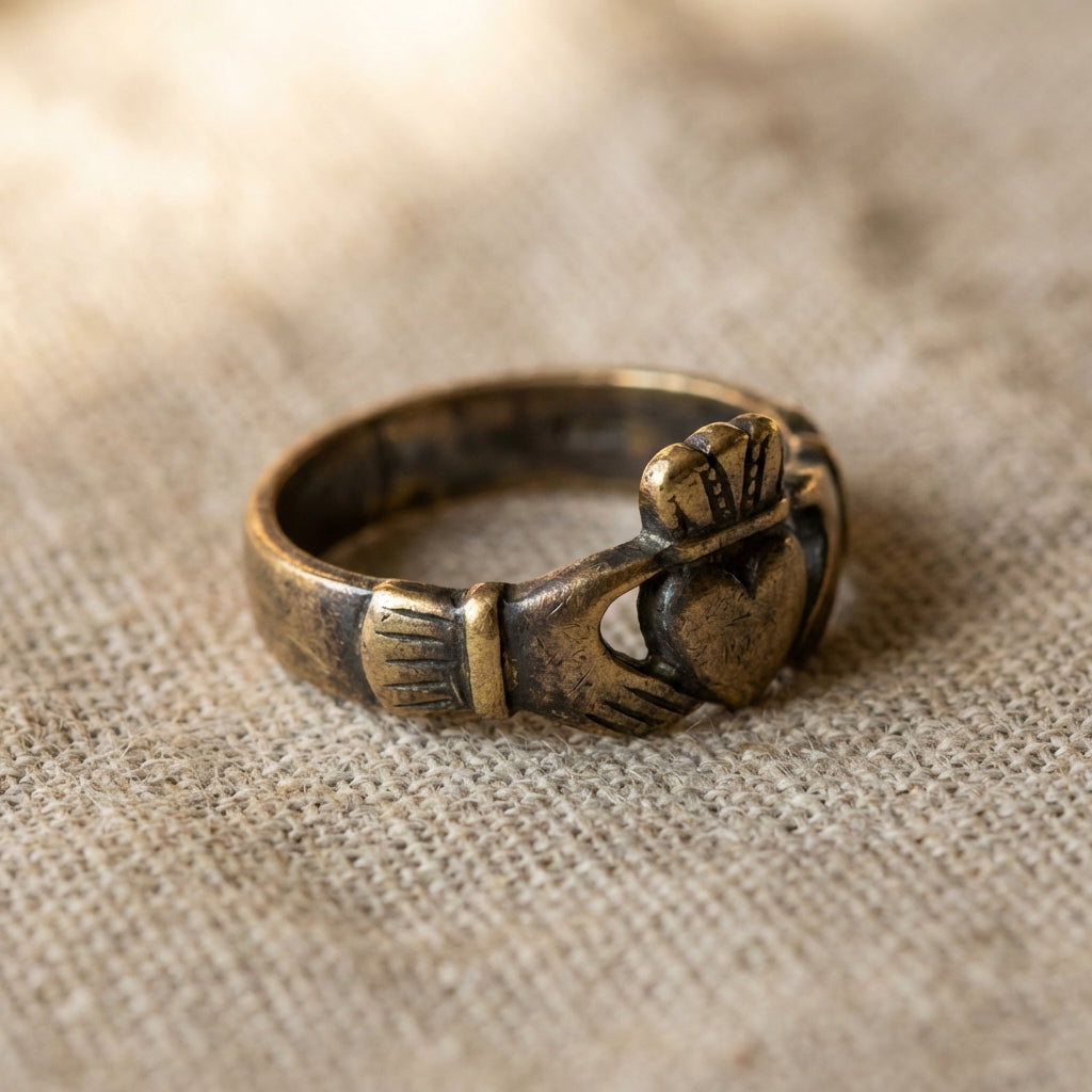 Close full frame view of an ancient claddagh ring on linen cloth with pronounced patina and visible wear warm natural light neutral beige background