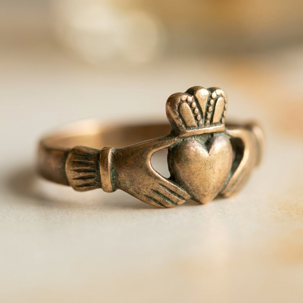 Close macro detail of hands heart crown motif on an aged bronze ancient claddagh ring on a clean cream background with warm natural light and shallow depth of field