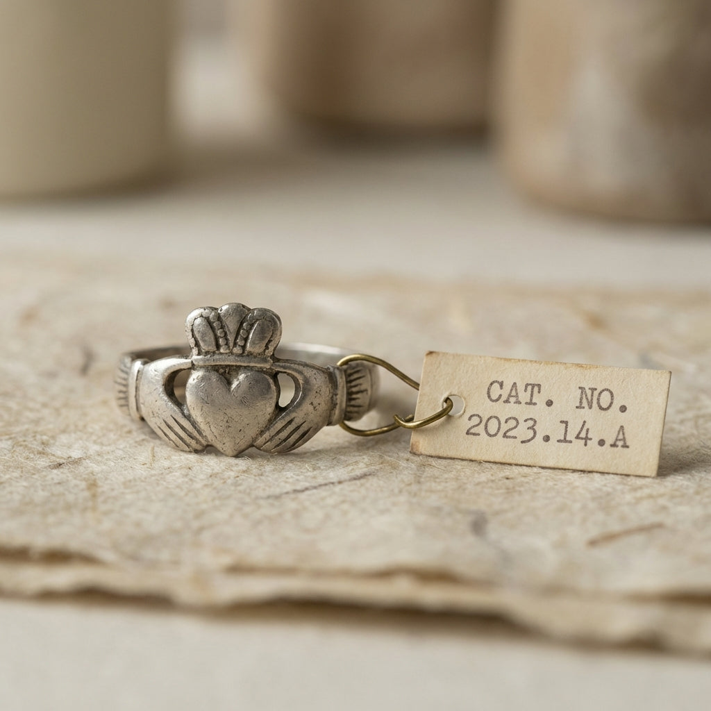Close up of a worn ancient claddagh ring on archival paper with a small museum accession tag in a muted earth tone background full frame scholarly minimal display
