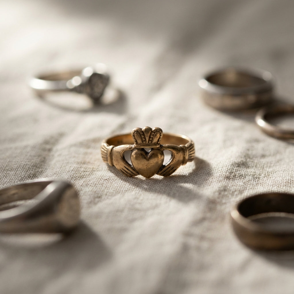 Close up of an ancient claddagh ring in focus among historic rings on aged linen with soft directional light and warm beige background