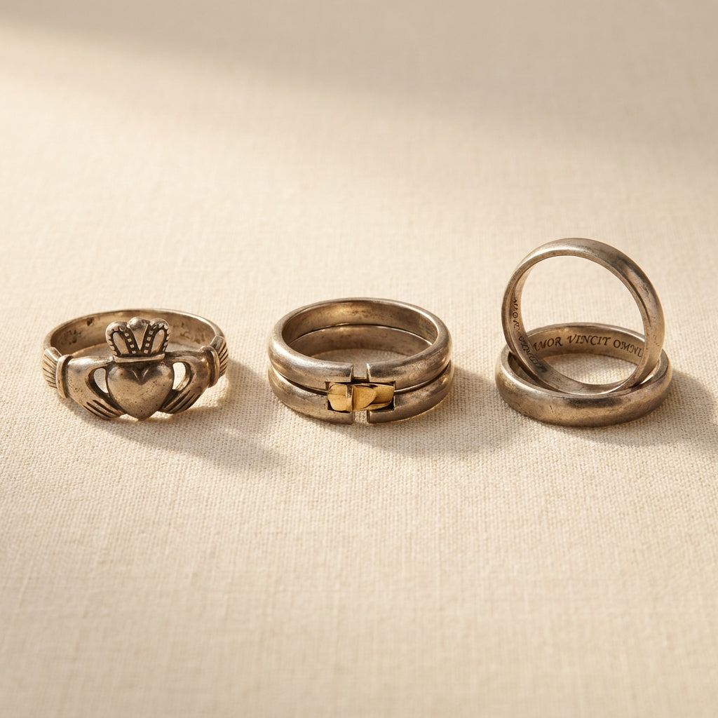 Three historical rings on neutral linen background a raised ancient claddagh ring an interlocking gimmel and an opened band revealing an interior inscription minimalist full frame composition
