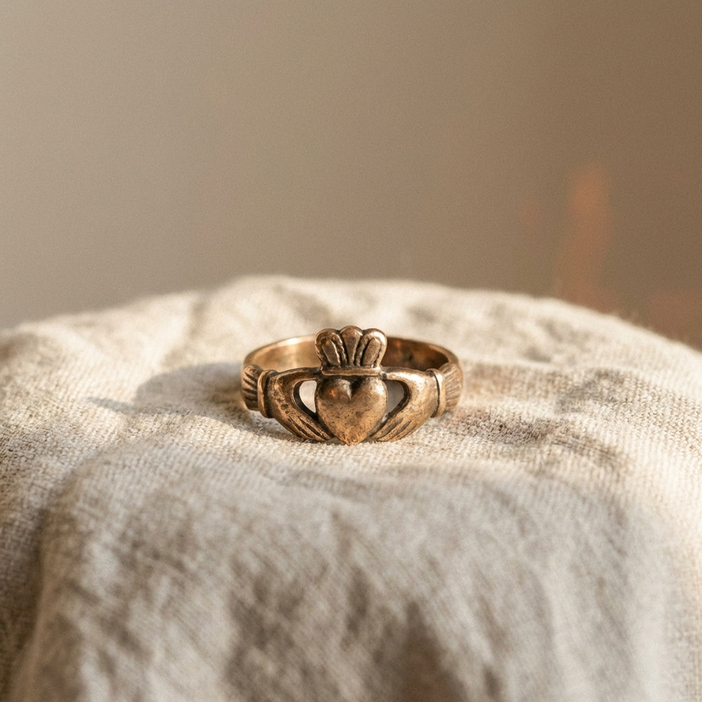 Calm studio photograph of an ancient claddagh ring on neutral linen with soft patina and shallow depth of field in Aurora Antiqua palette
