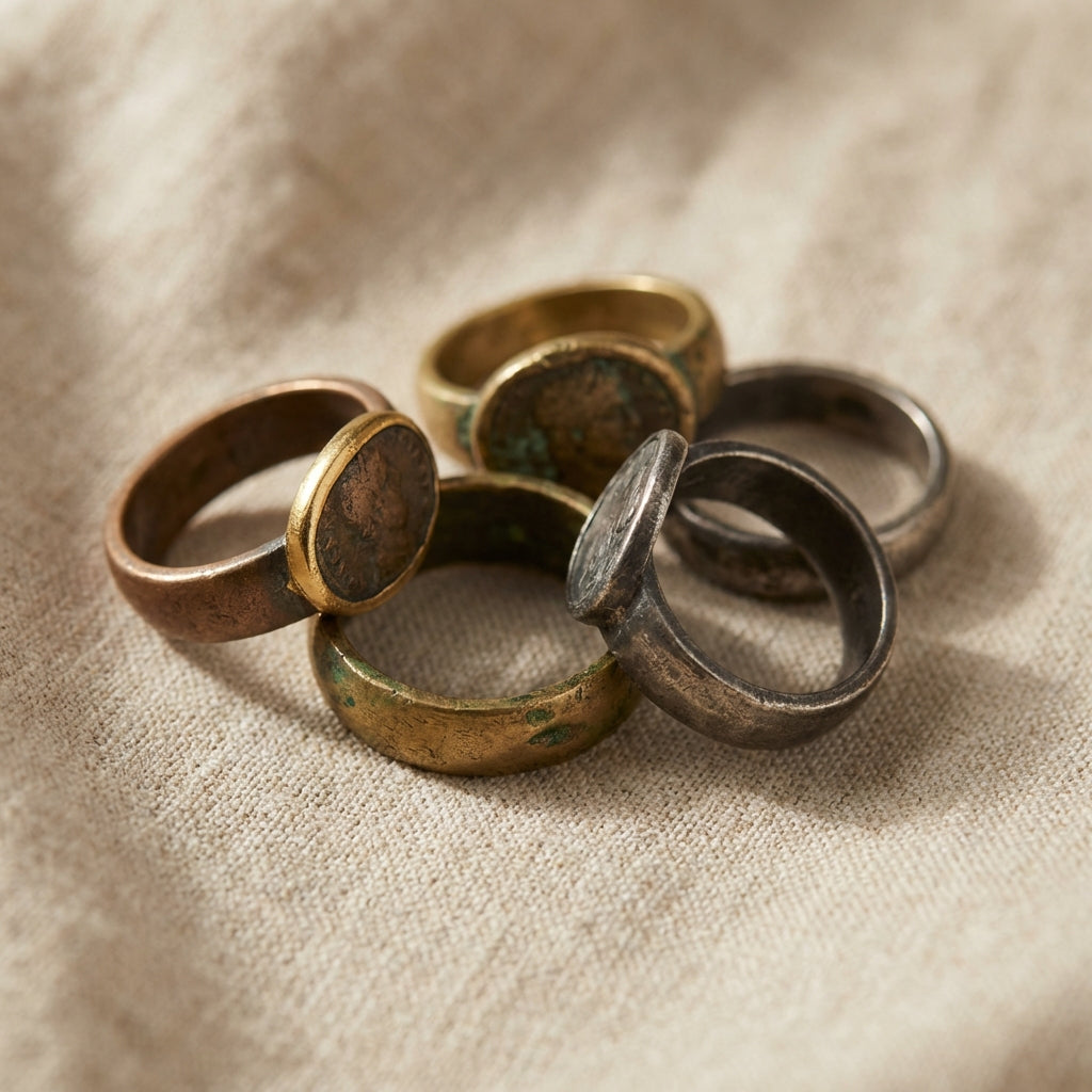 Close up photograph of ancient coin ring cluster on neutral fabric showing varied bezels patina and toolmarks in muted Aurora Antiqua palette