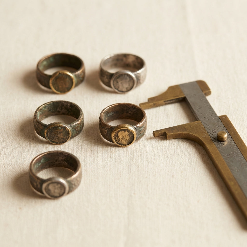 Close up of ancient coin ring group on aged linen with measurement calipers showing bezels and patina in a minimalist warm Aurora Antiqua palette