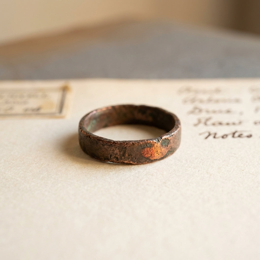 Close up of an ancient copper ring resting on archival paper with handwritten provenance notes warm neutral Aurora Antiqua palette