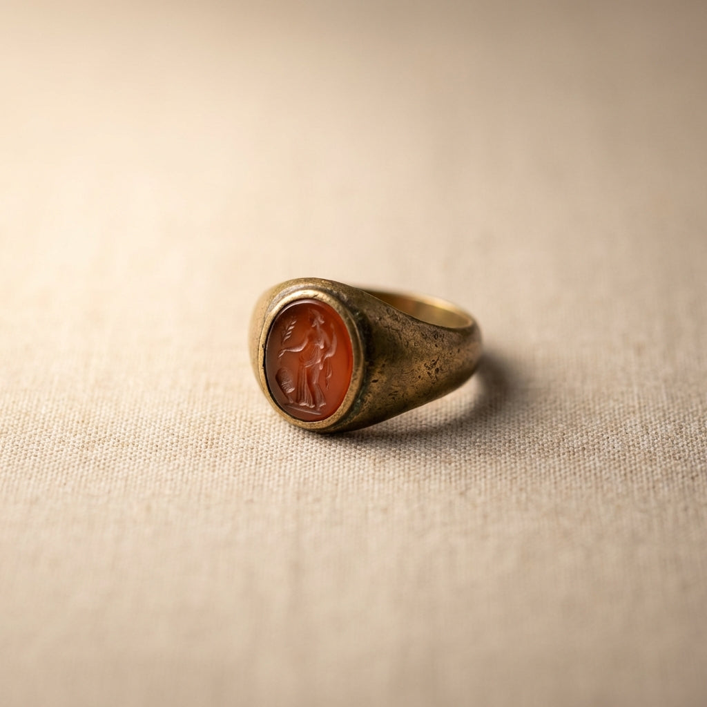 Close studio shot of an ancient bronze ring with carnelian intaglio on neutral linen background in Aurora Antiqua palette showcasing ancient egyptian engagement rings