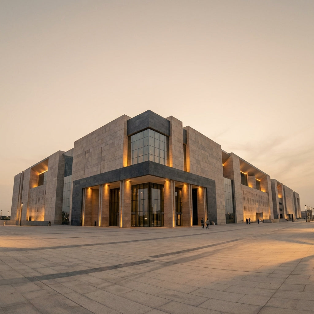 Full frame dusk exterior of the Grand Egyptian Museum with warm amber lighting minimalist composition evoking ancient egyptian gold ring heritage