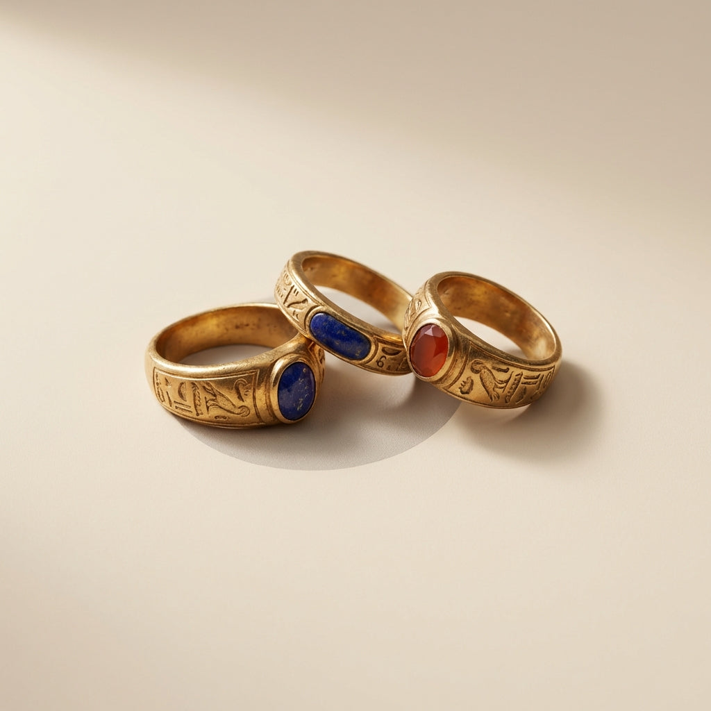 Minimalist still life of three ancient egyptian rings on warm beige background with gold hieroglyphic bands and lapis and carnelian inlays styled in Aurora Antiqua palette