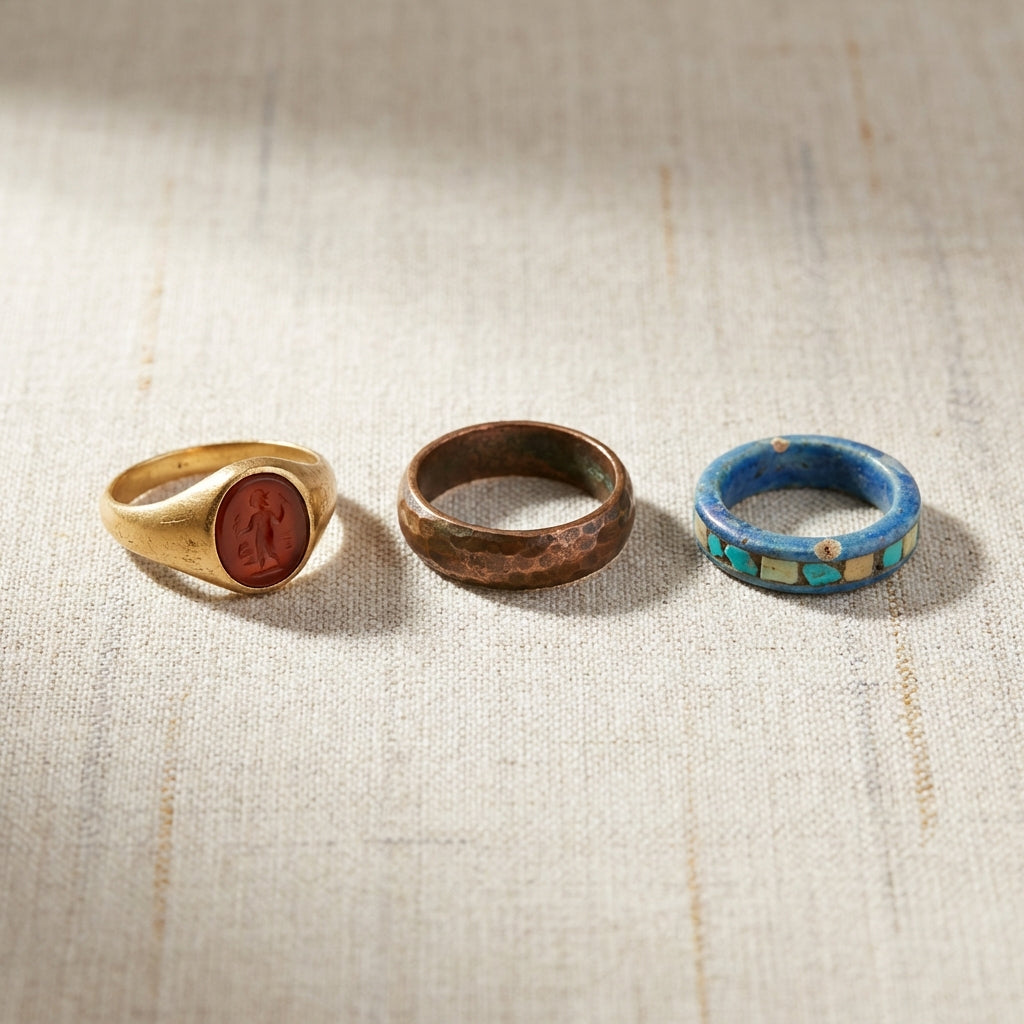Studio photograph of three ancient egyptian rings on neutral linen showing a gold signet with carnelian intaglio a hammered copper alloy hoop with patina and a faience inlaid ring