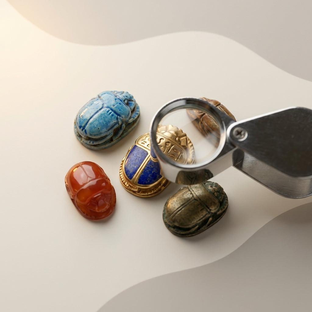 Close up studio shot of multiple scarab amulets and a jeweler loupe on an Aurora Antiqua neutral background showing different materials and magnified detail ancient egyptian scarab ring price