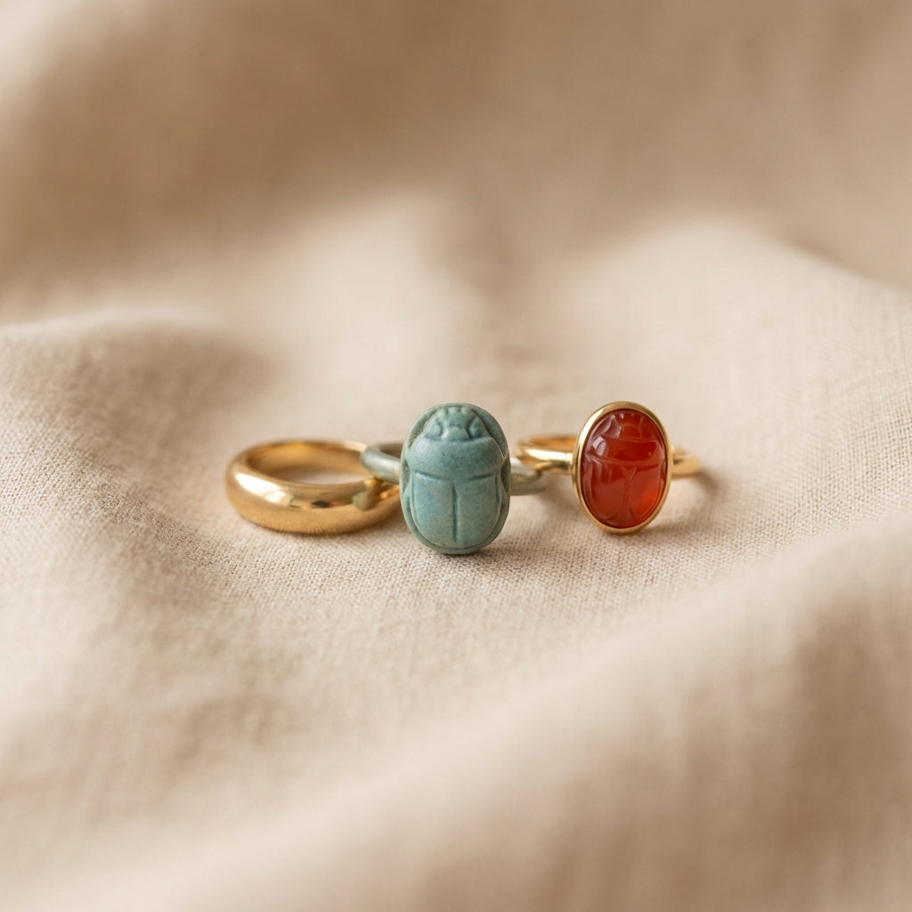 Minimalist studio photograph of three scarab rings on neutral linen showing a blue green faience a carnelian intaglio and a gold hoop for ancient egyptian scarab ring price