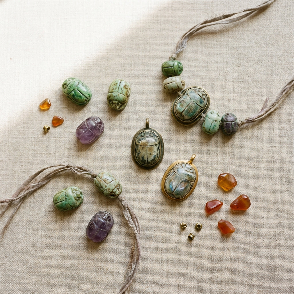 ancient egyptian scarab ring price photograph of several scarab beads and mounted scarabs on neutral linen highlighting glaze stone texture and metal bezels