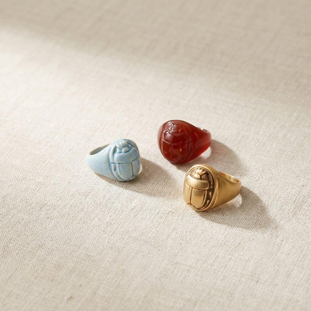 Minimal studio photo of scarab rings on neutral linen showing faience carnelian and gold mounted example ancient egyptian scarab ring price
