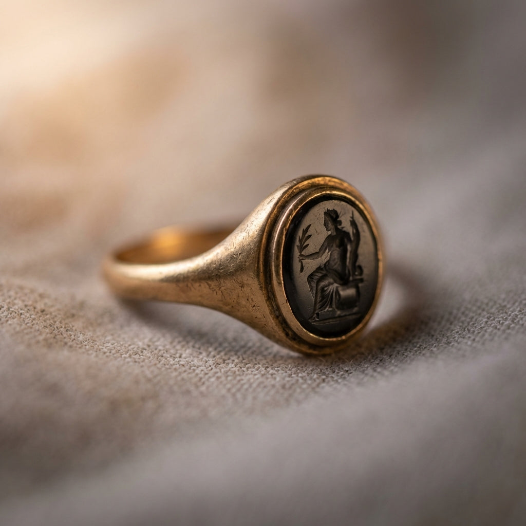 Close up of an intaglio ring evoking ancient engagement rings on neutral linen fabric showing carved gemstone detail aged patina and soft directional light