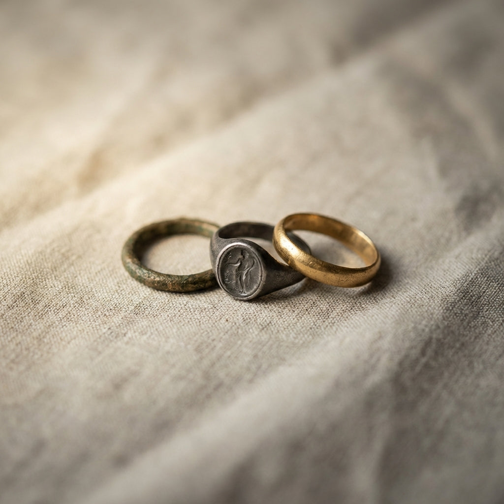 Side lit close up of three ancient engagement rings on neutral linen a bronze hoop silver intaglio with carved figure and a warm gold ring highlighting patina and wear