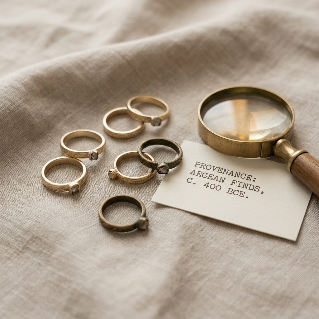 Calm still life photograph of ancient greek engagement rings on neutral linen with an archival provenance card and a magnifier in soft natural light