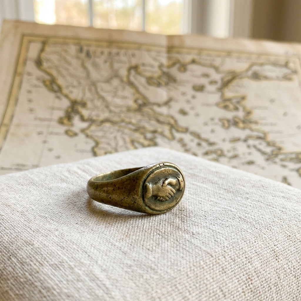 Close up of a bronze ring in the style of ancient greek engagement rings resting on linen cloth over a faint map of Greece warm natural light minimalist Aurora Antiqua palette