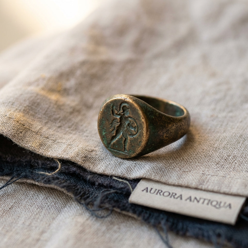 Worn bronze Greek intaglio ring on aged linen in muted Aurora Antiqua tones showing patina and engraving, ancient greek engagement rings