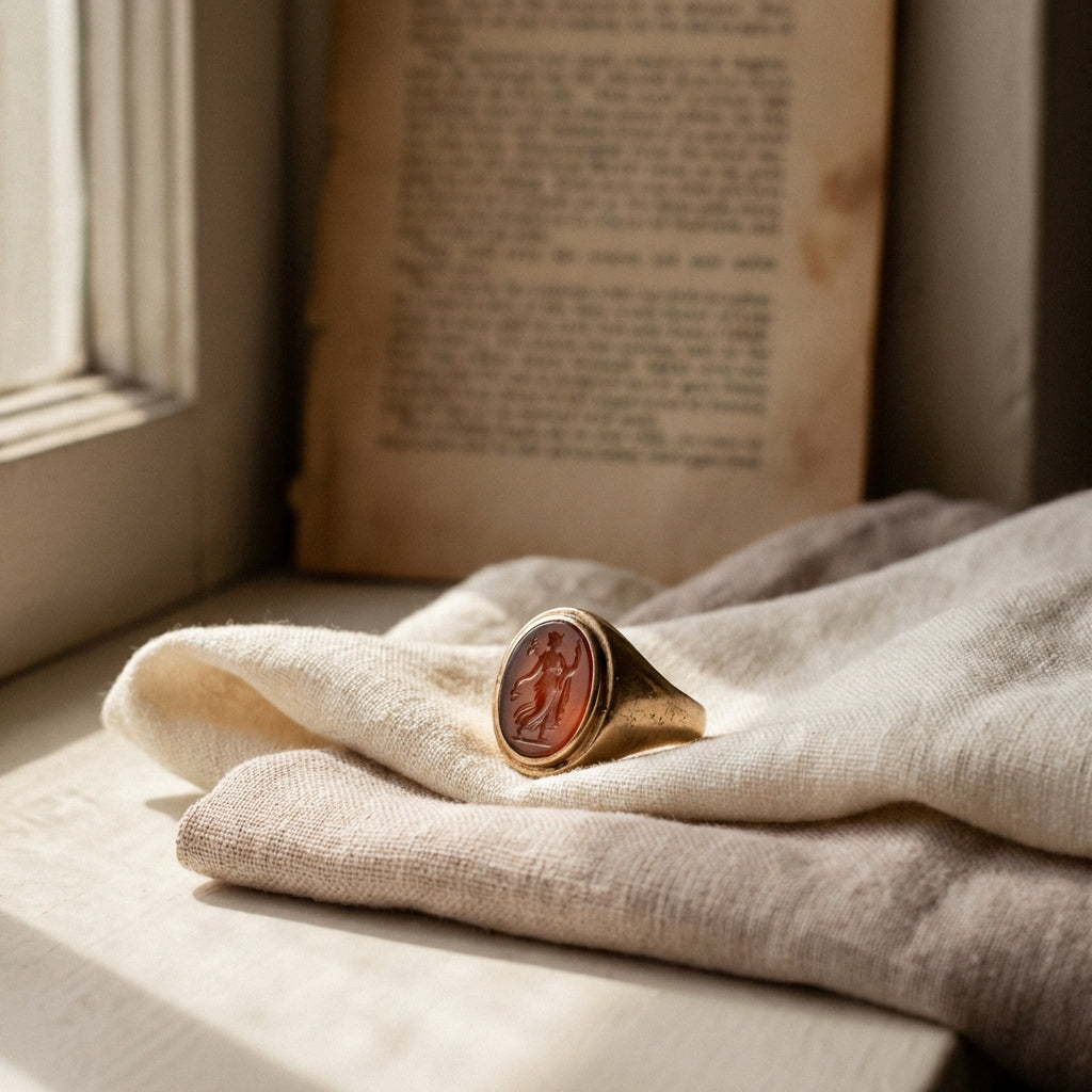Worn intaglio ring on folded linen with a soft focus classical text page behind it in warm natural light minimalist Aurora Antiqua style ancient greek engagement rings