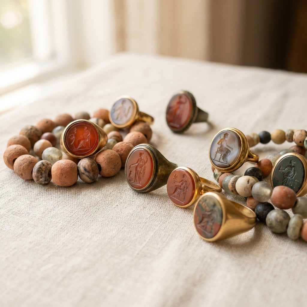 Close crop of ancient intaglio rings and bead strands on neutral linen highlighting carved stone surfaces and metal bezels ancient greek jewellery