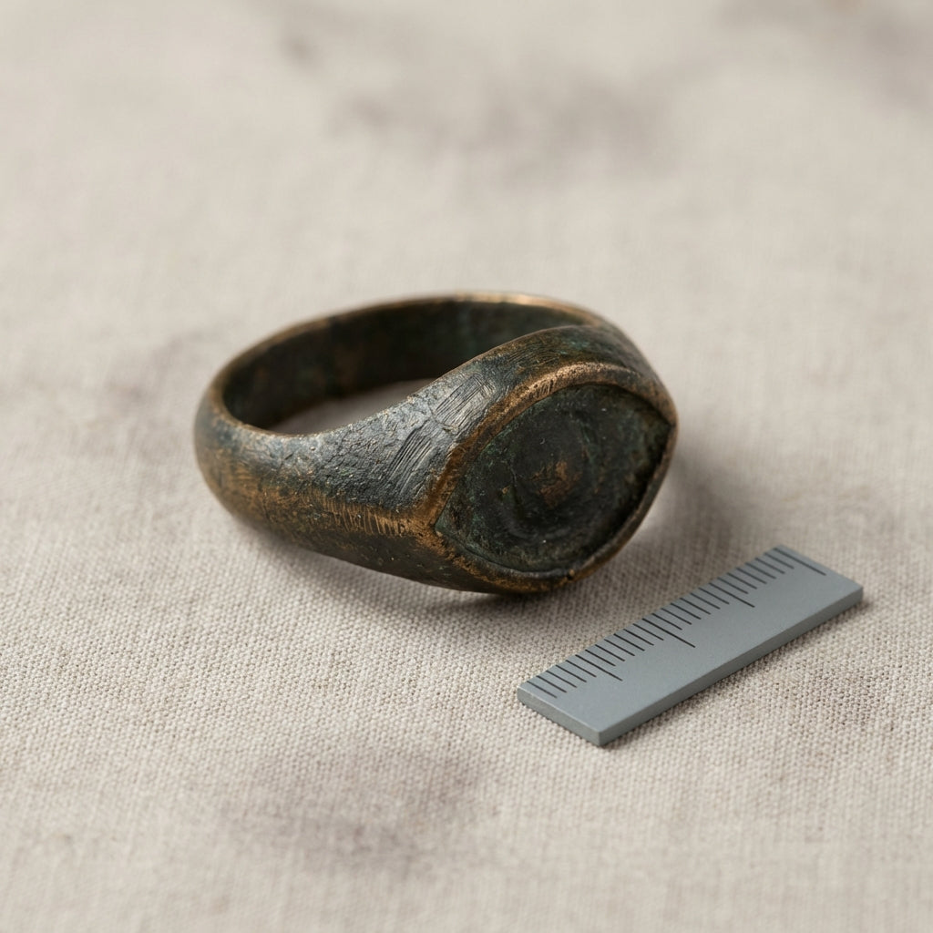 Close crop of a patinated bronze ancient greek rings style ring with eye shaped bezel on neutral background ede7da showing tool marks and a scale ruler for size reference