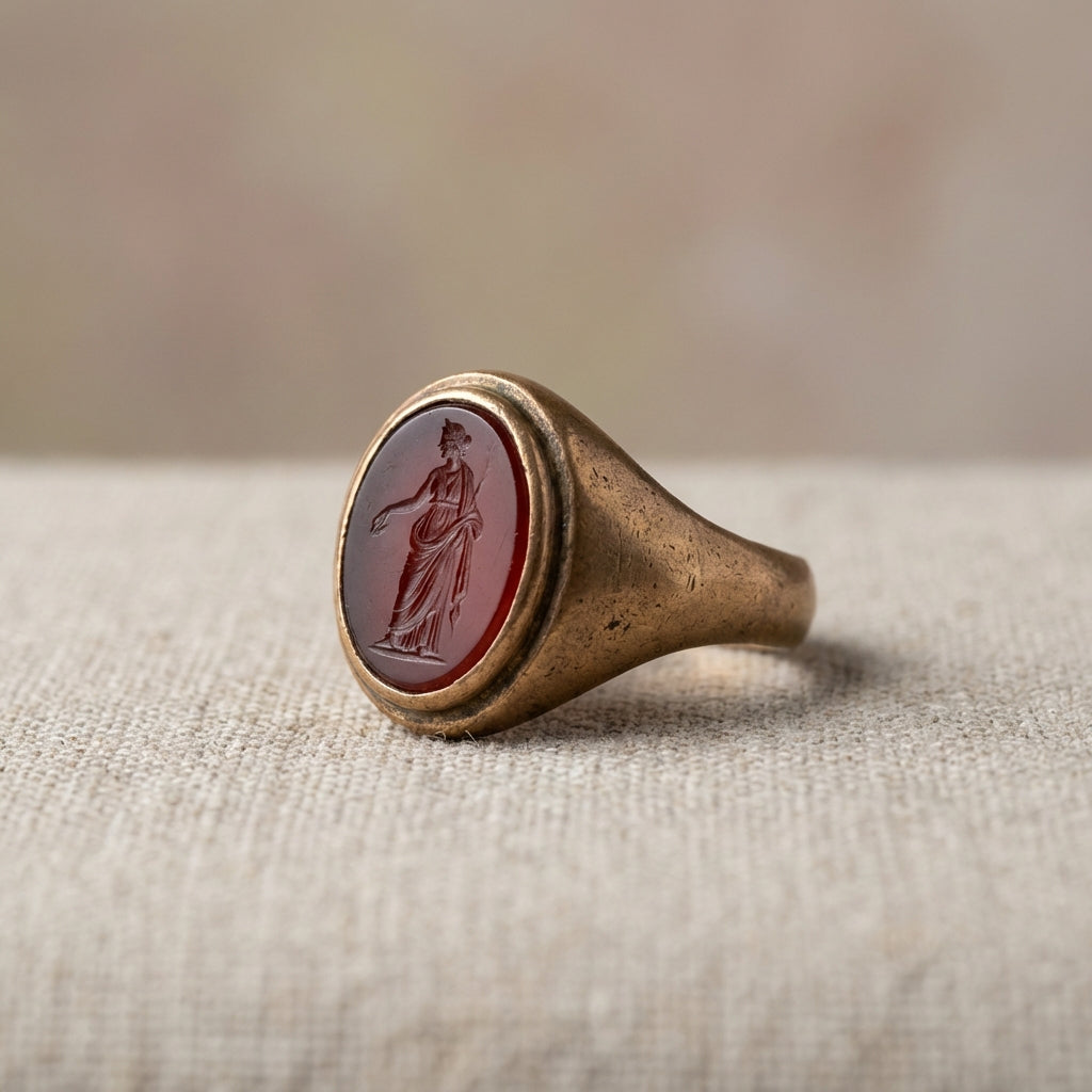 Close crop of a bronze ancient greek rings style ring with red carnelian intaglio on a neutral textile showing patina and engraved details