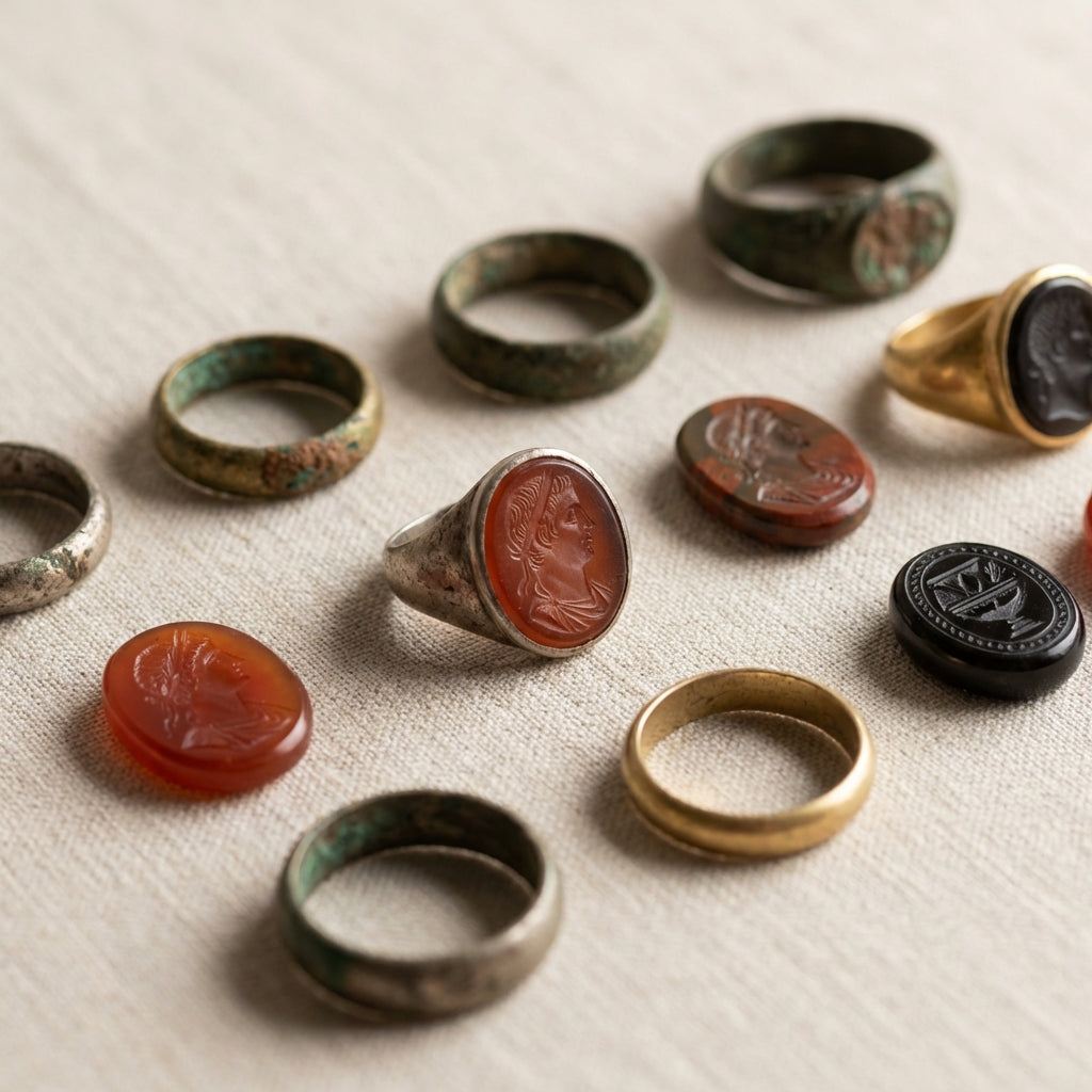 Close up of ancient greek rings and intaglios on neutral linen showing metal patina carved gemstone intaglio details and soft natural lighting